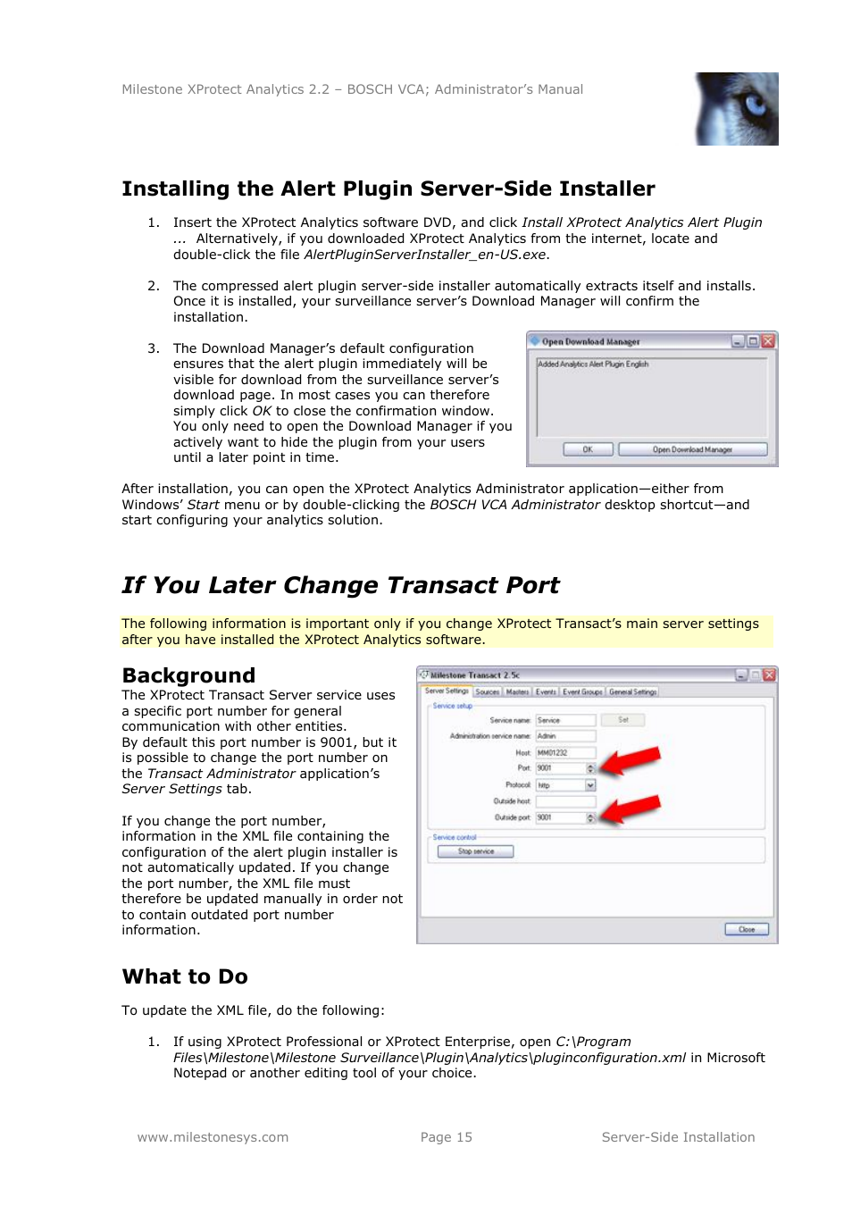 Installing the alert plugin server-side installer, If you later change transact port, What to do | Background | Milestone Analytics 2.2 BOSCH VCA User Manual | Page 15 / 38