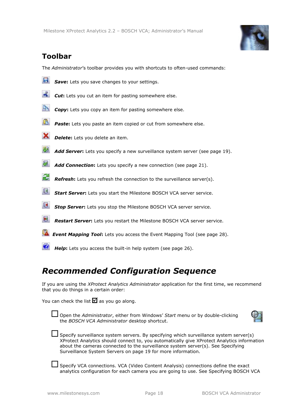 Toolbar, Recommended configuration sequence | Milestone Analytics 2.2 BOSCH VCA User Manual | Page 18 / 38