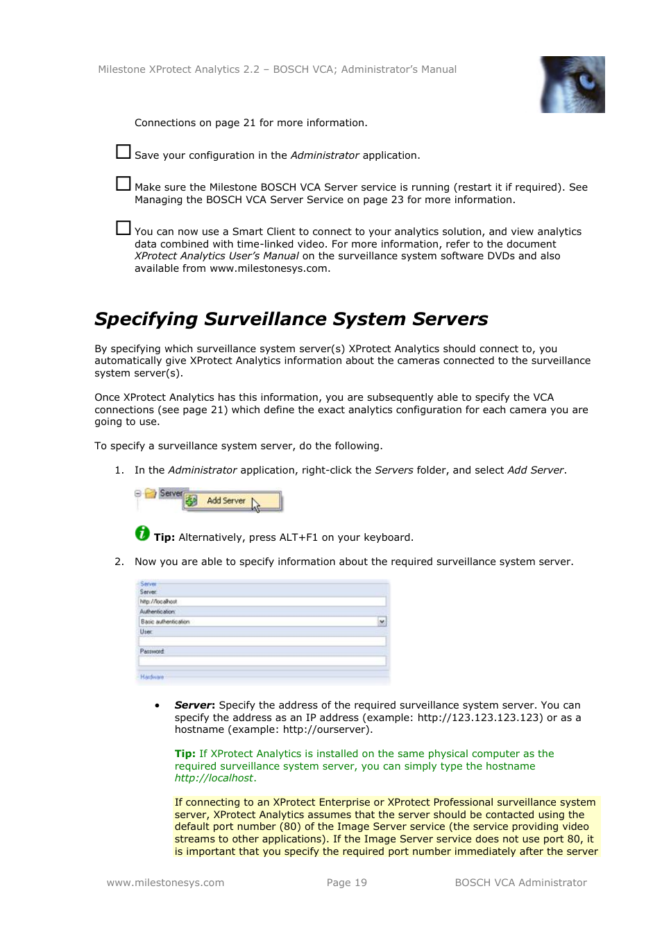 Specifying surveillance system servers | Milestone Analytics 2.2 BOSCH VCA User Manual | Page 19 / 38