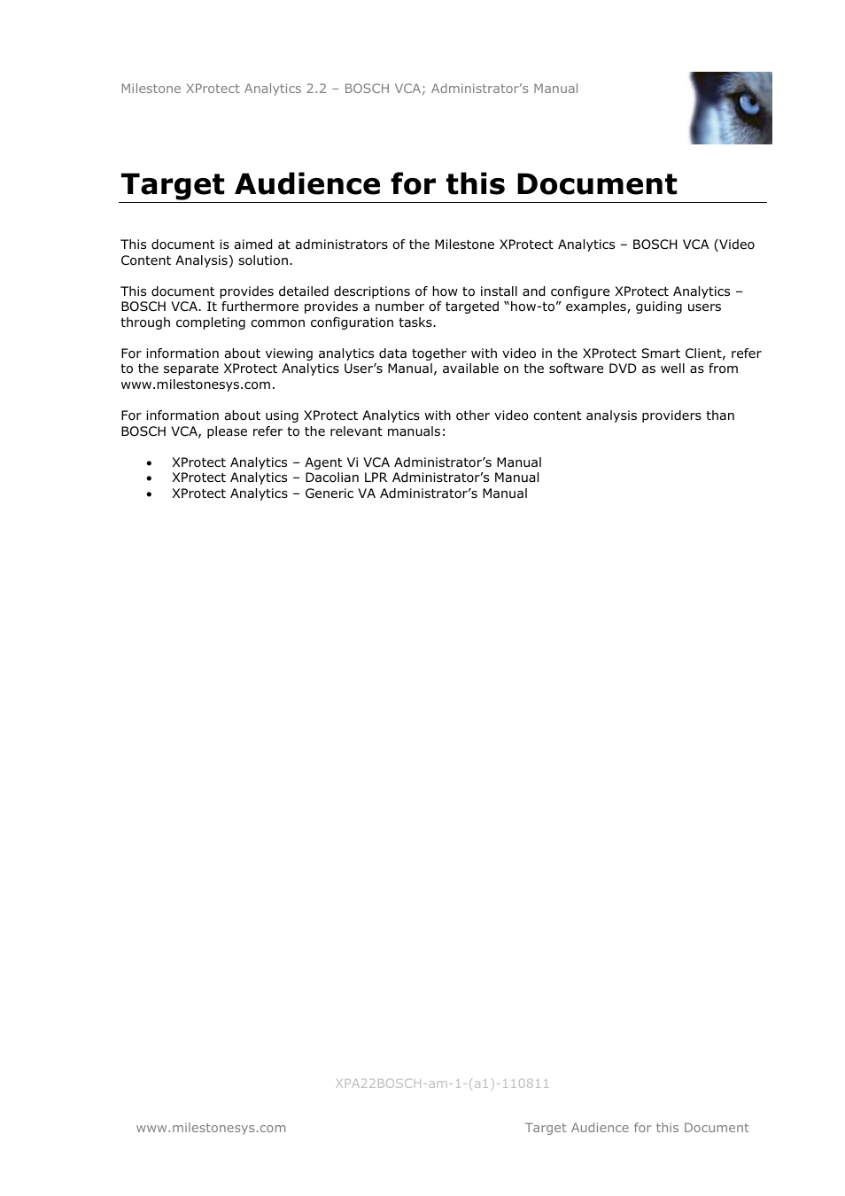 Target audience for this document | Milestone Analytics 2.2 BOSCH VCA User Manual | Page 2 / 38
