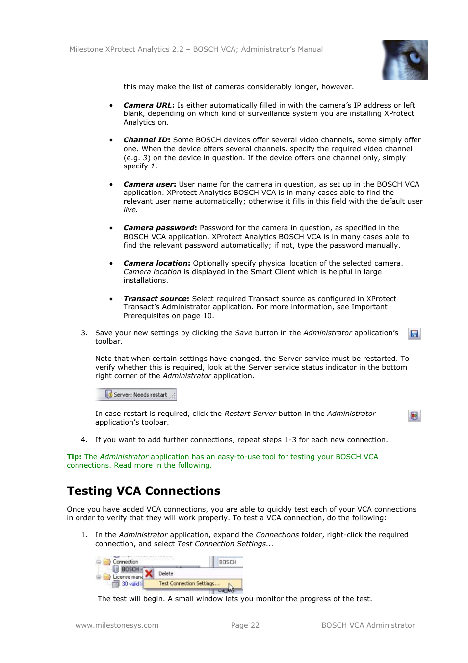 Testing vca connections | Milestone Analytics 2.2 BOSCH VCA User Manual | Page 22 / 38