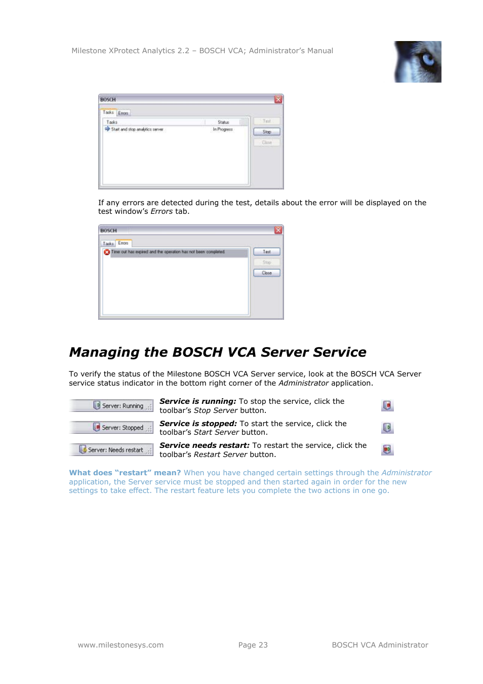 Managing the bosch vca server service | Milestone Analytics 2.2 BOSCH VCA User Manual | Page 23 / 38