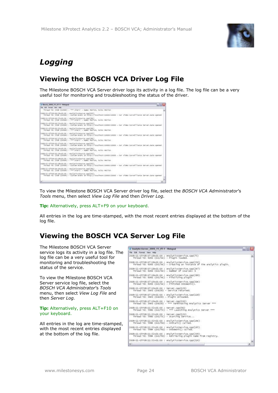 Logging, Viewing the bosch vca driver log file, Viewing the bosch vca server log file | Milestone Analytics 2.2 BOSCH VCA User Manual | Page 24 / 38