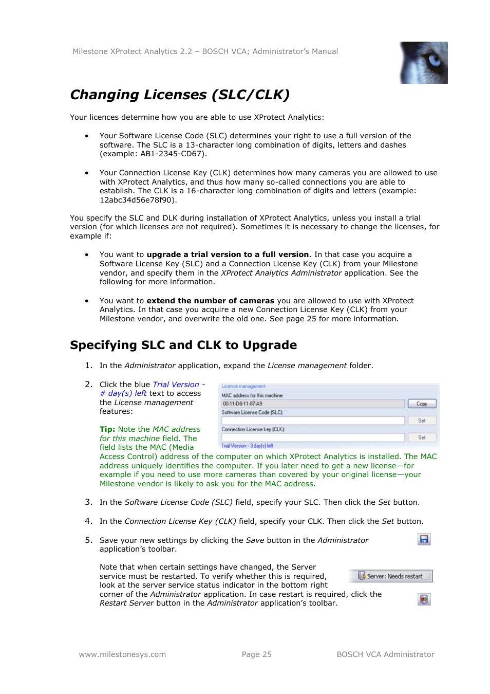 Changing licenses (slc/clk), Specifying slc and clk to upgrade | Milestone Analytics 2.2 BOSCH VCA User Manual | Page 25 / 38