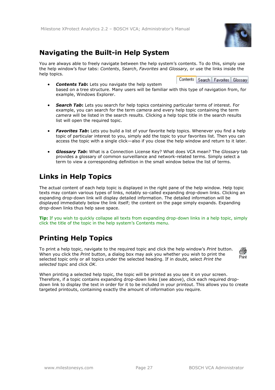 Navigating the built-in help system, Links in help topics, Printing help topics | Milestone Analytics 2.2 BOSCH VCA User Manual | Page 27 / 38
