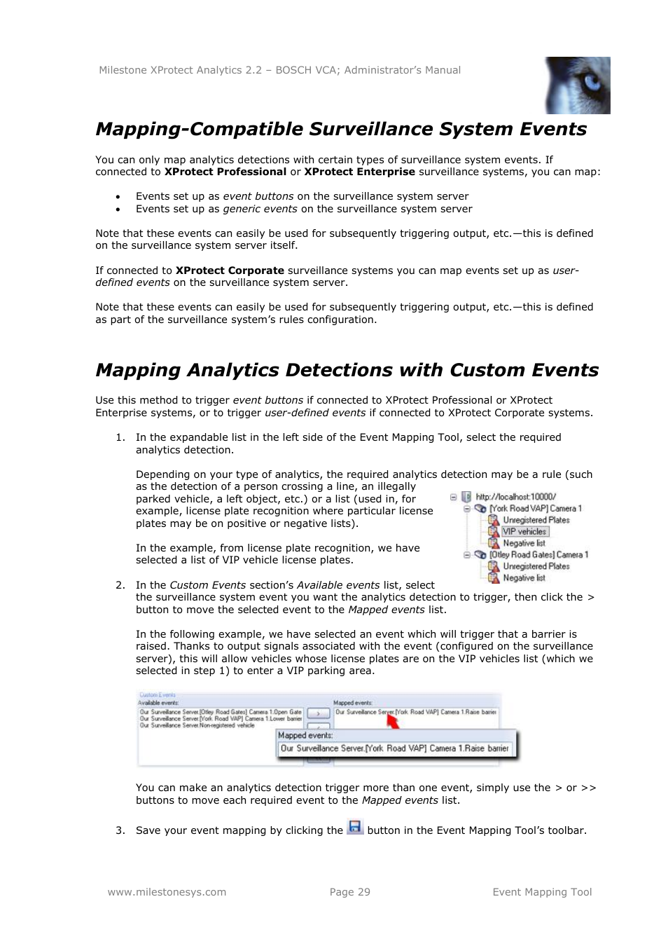Mapping-compatible surveillance system events, Mapping analytics detections with custom events | Milestone Analytics 2.2 BOSCH VCA User Manual | Page 29 / 38
