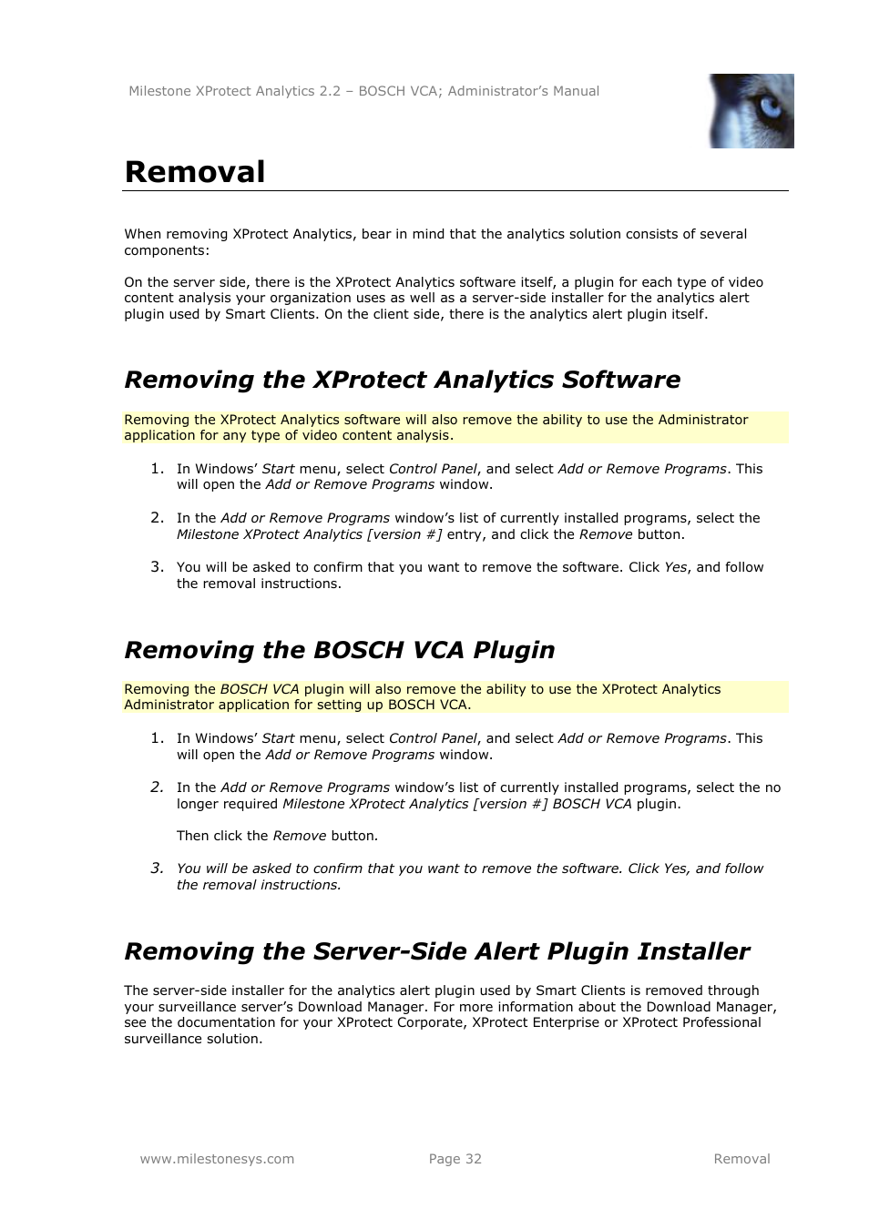 Removal, Removing the xprotect analytics software, Removing the bosch vca plugin | Removing the server-side alert plugin installer | Milestone Analytics 2.2 BOSCH VCA User Manual | Page 32 / 38