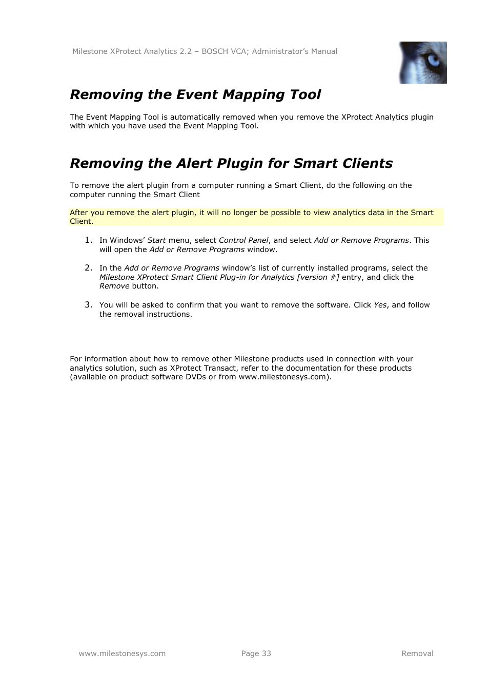 Removing the event mapping tool, Removing the alert plugin for smart clients | Milestone Analytics 2.2 BOSCH VCA User Manual | Page 33 / 38