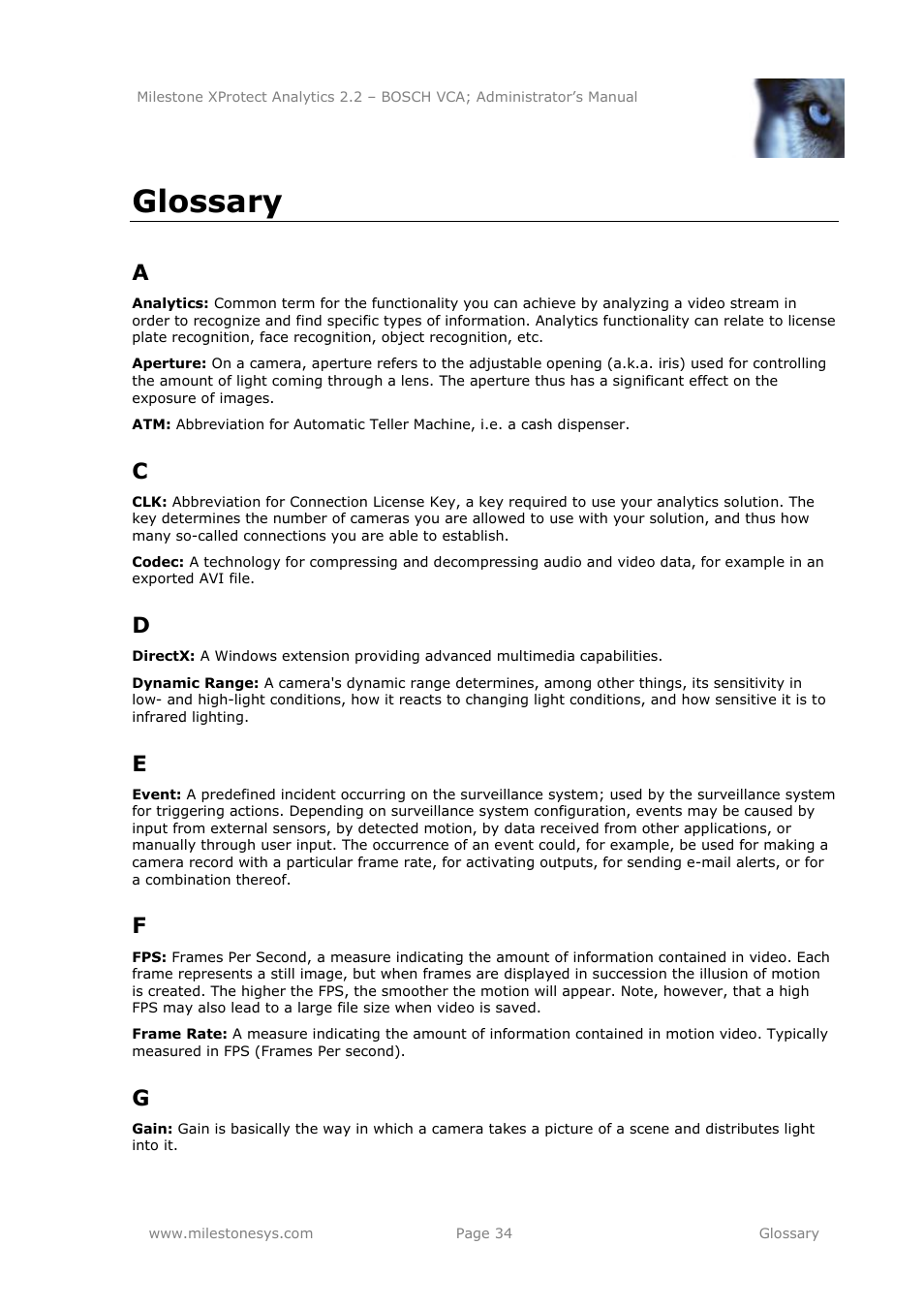 Glossary | Milestone Analytics 2.2 BOSCH VCA User Manual | Page 34 / 38