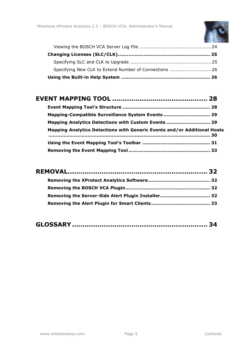 Event mapping tool, Removal, Glossary | Milestone Analytics 2.2 BOSCH VCA User Manual | Page 5 / 38