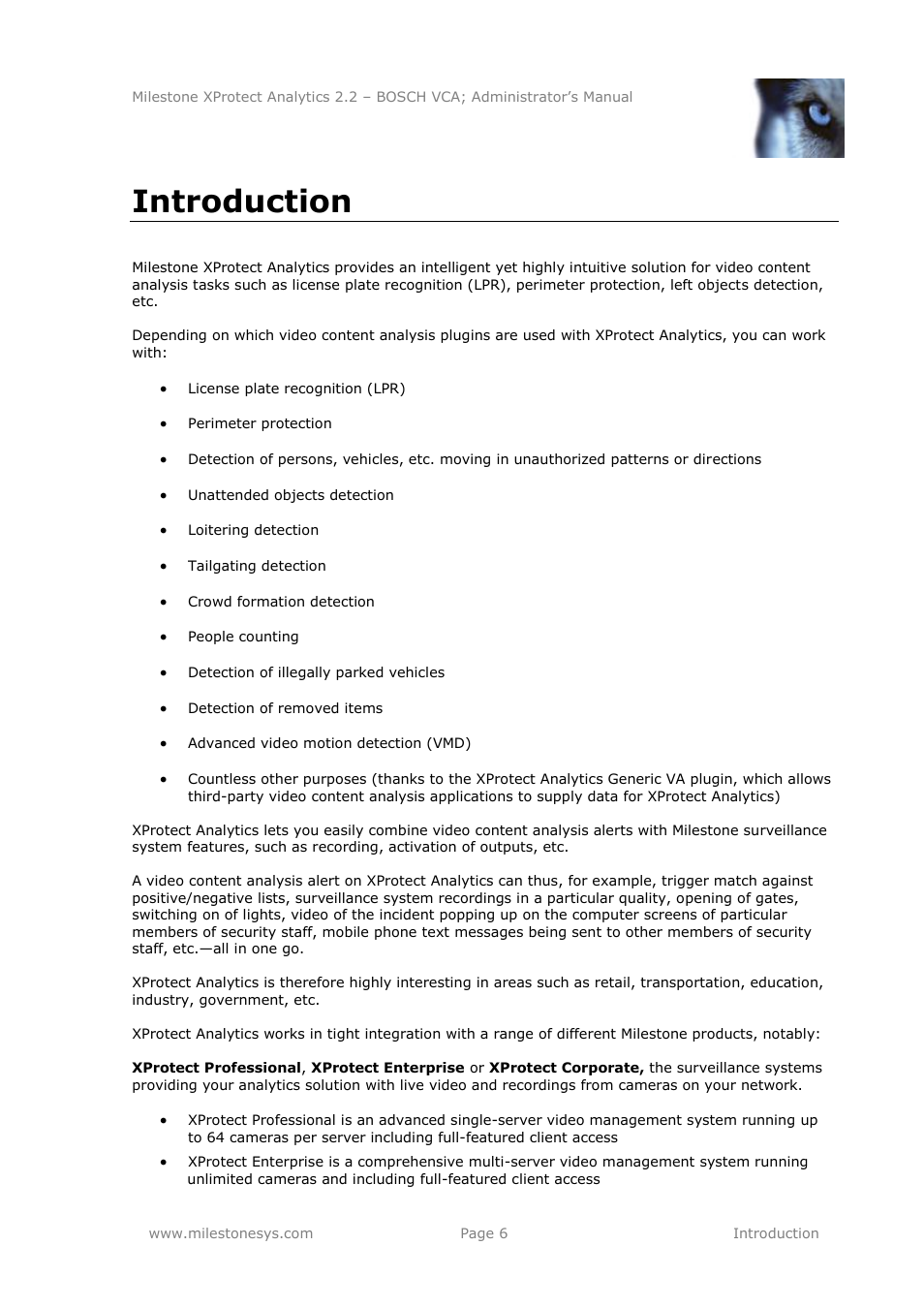 Introduction | Milestone Analytics 2.2 BOSCH VCA User Manual | Page 6 / 38
