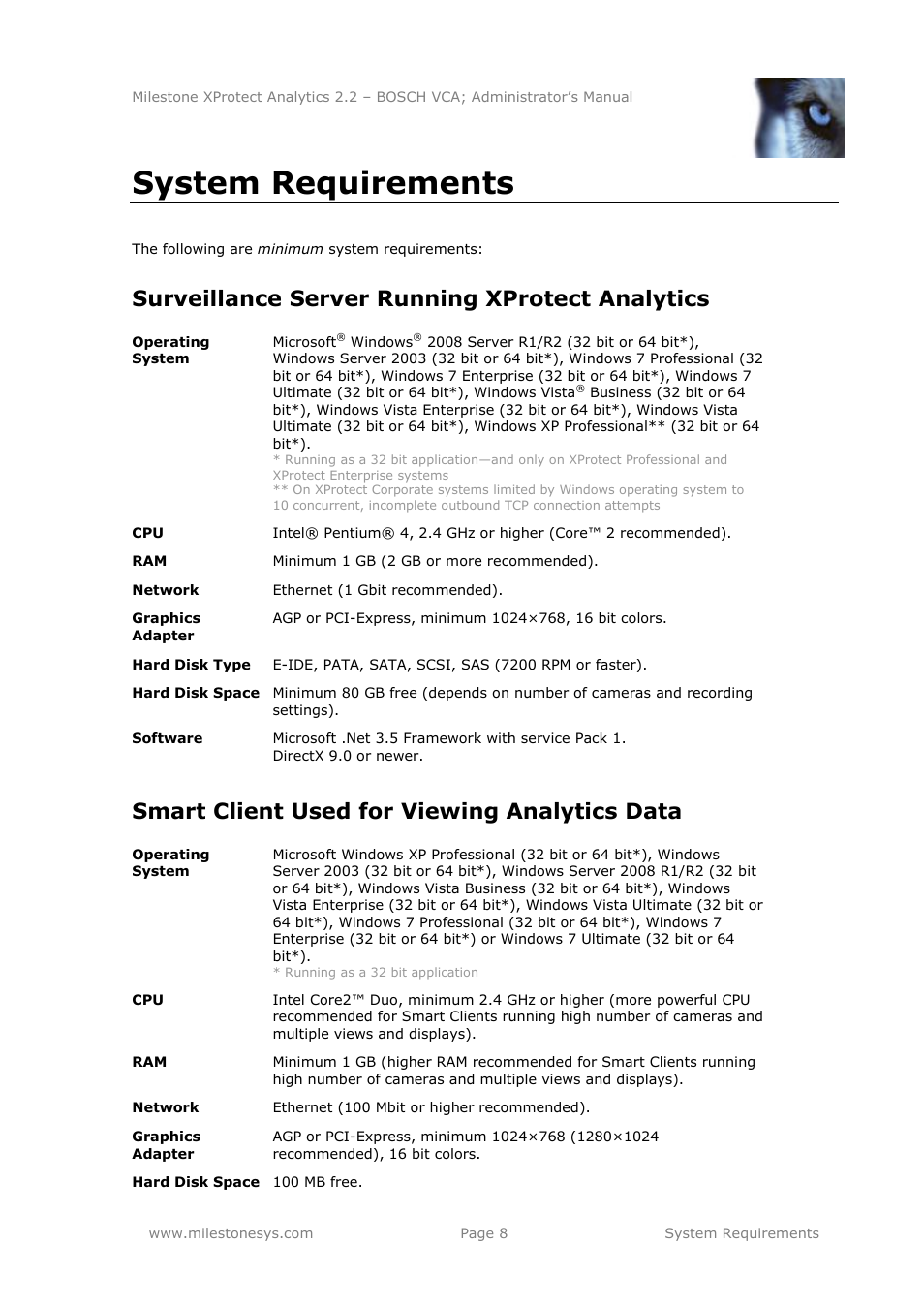 System requirements, Surveillance server running xprotect analytics, Smart client used for viewing analytics data | Milestone Analytics 2.2 BOSCH VCA User Manual | Page 8 / 38