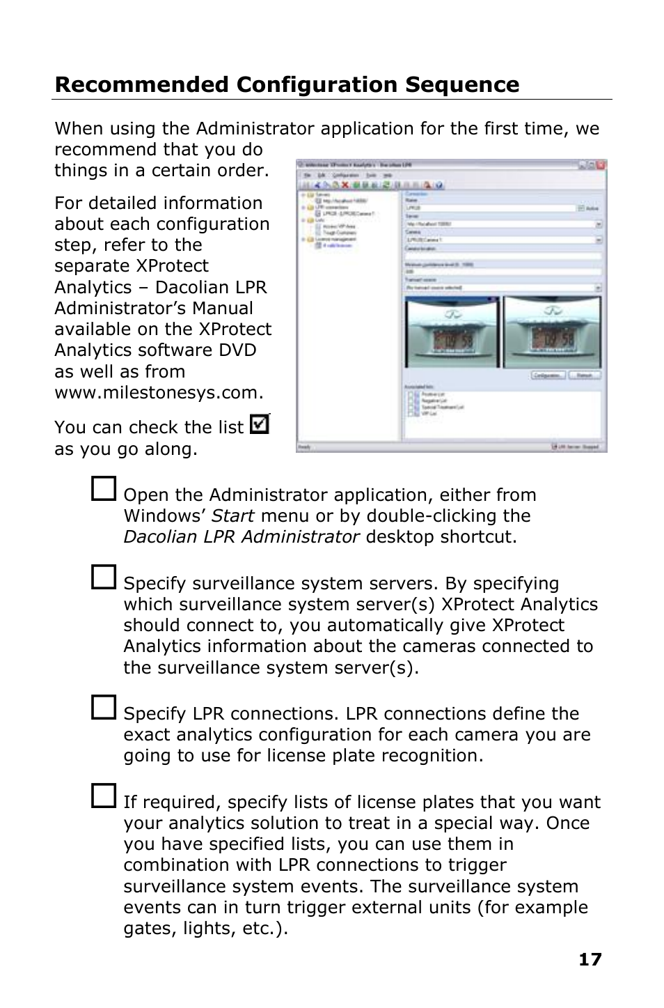 Recommended configuration sequence | Milestone Analytics 2.2 Dacolian LPR User Manual | Page 18 / 20