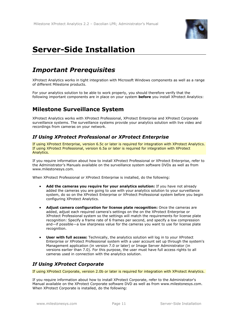 Server-side installation, Important prerequisites, Milestone surveillance system | If using xprotect corporate | Milestone Analytics 2.2 Dacolian LPR User Manual | Page 11 / 49