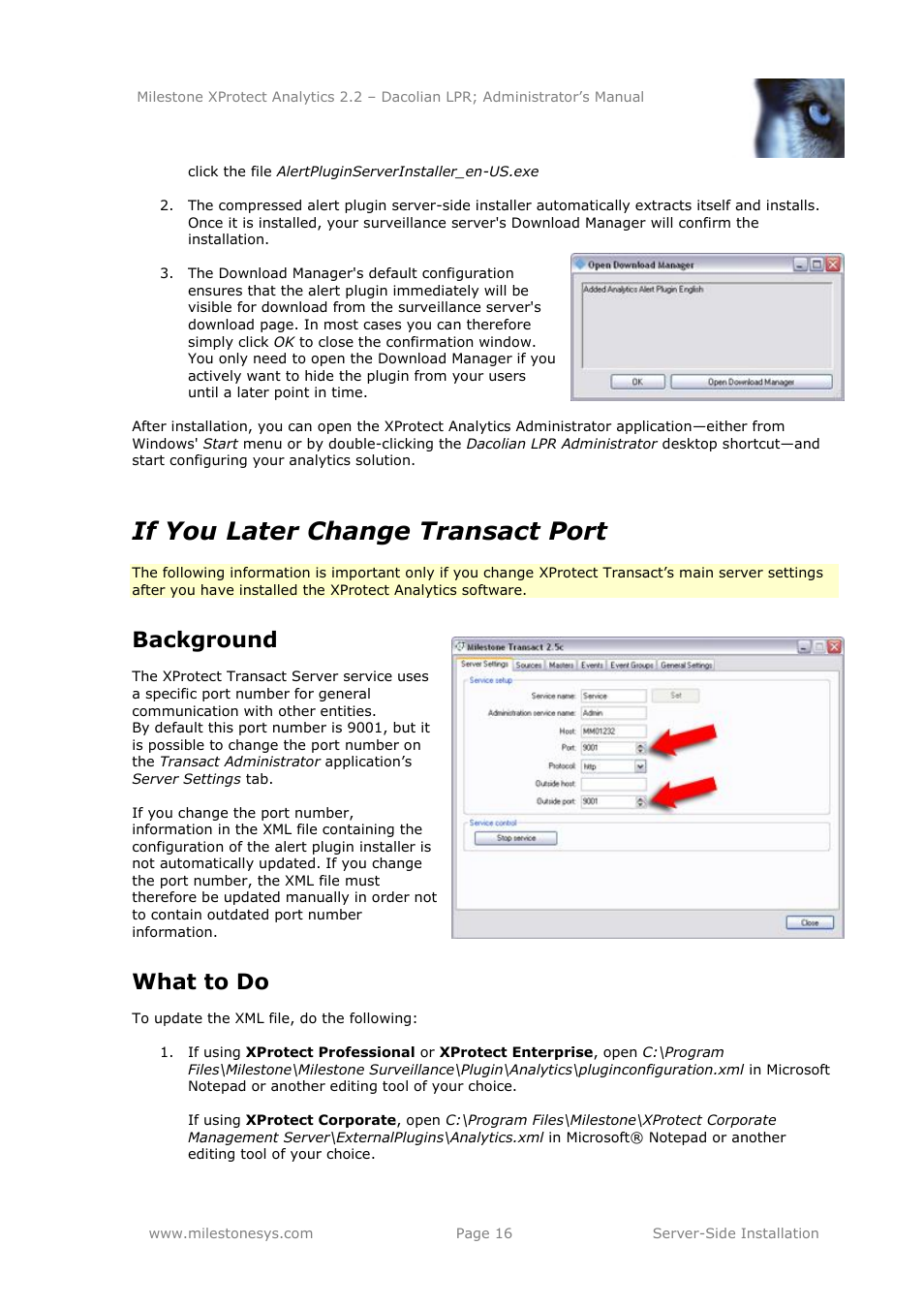 If you later change transact port, Background, What to do | Milestone Analytics 2.2 Dacolian LPR User Manual | Page 16 / 49