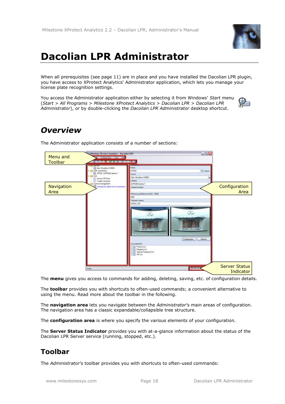 Dacolian lpr administrator, Overview, Toolbar | Milestone Analytics 2.2 Dacolian LPR User Manual | Page 18 / 49