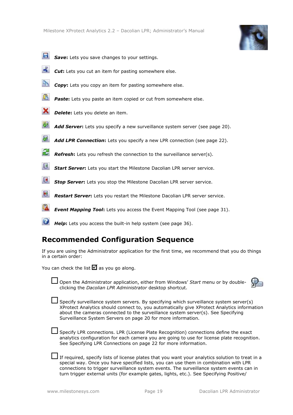 Recommended configuration sequence | Milestone Analytics 2.2 Dacolian LPR User Manual | Page 19 / 49