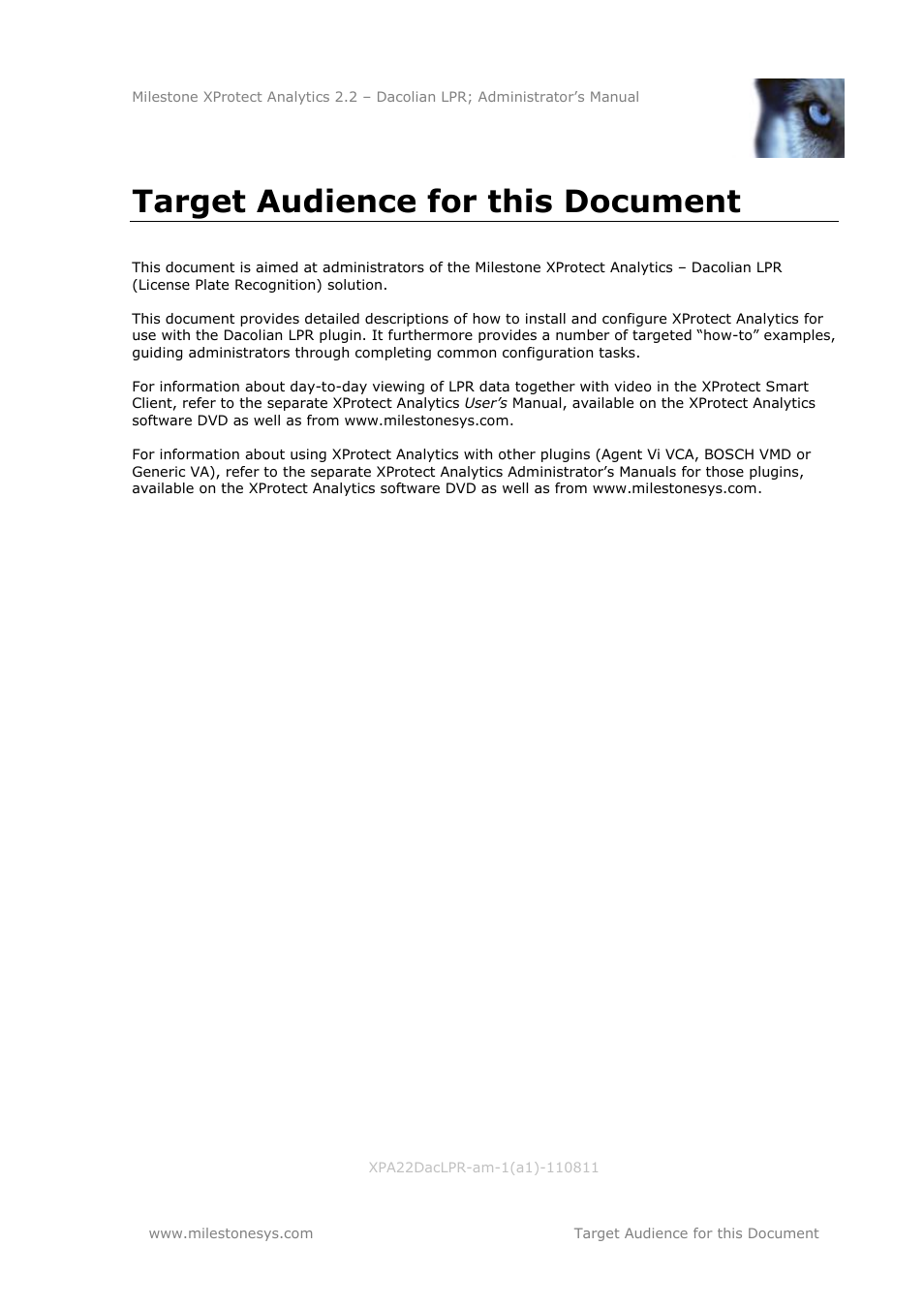 Target audience for this document | Milestone Analytics 2.2 Dacolian LPR User Manual | Page 2 / 49