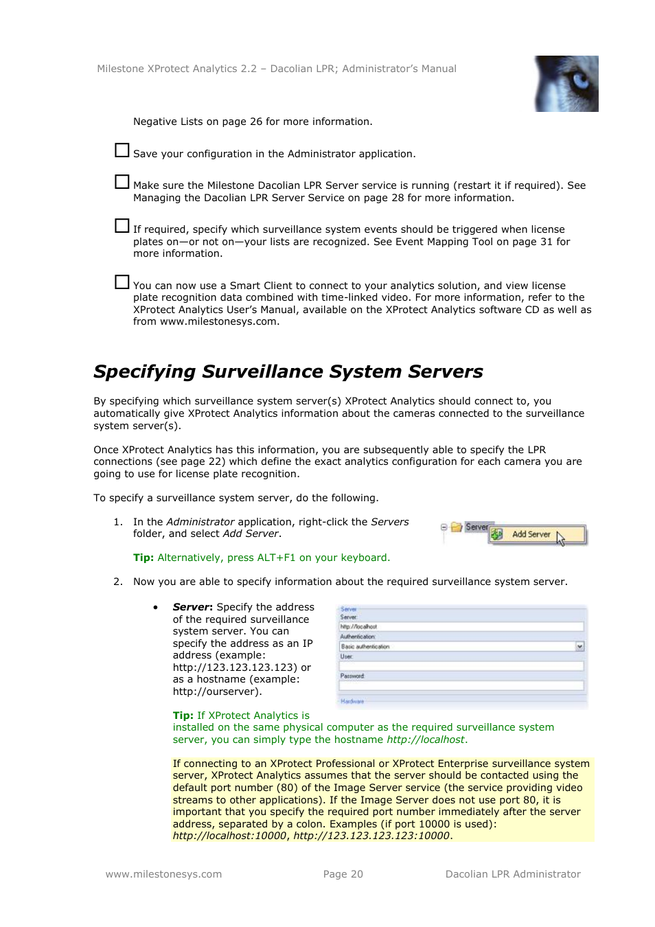 Specifying surveillance system servers | Milestone Analytics 2.2 Dacolian LPR User Manual | Page 20 / 49