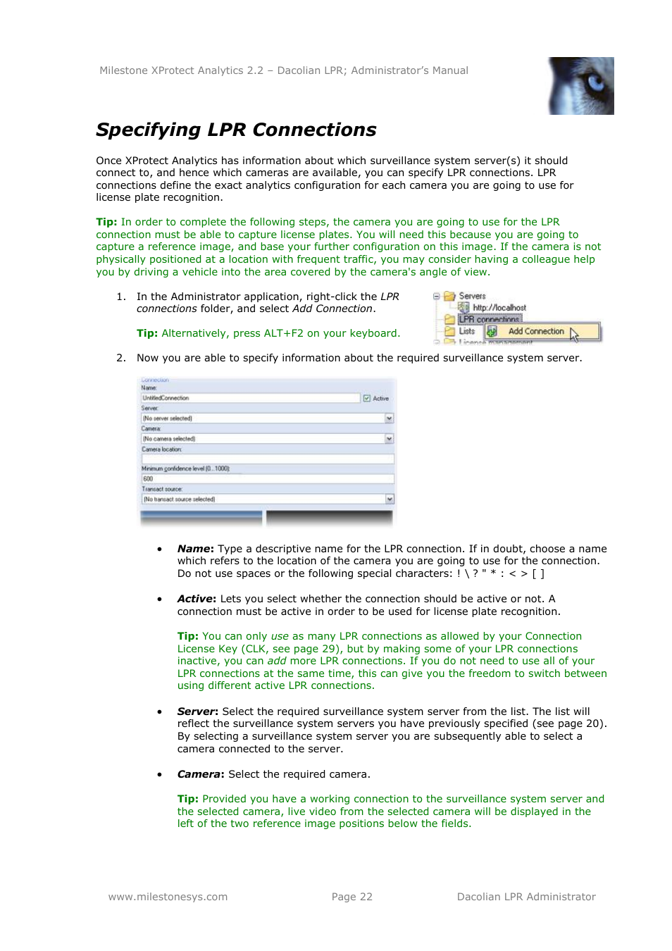 Specifying lpr connections | Milestone Analytics 2.2 Dacolian LPR User Manual | Page 22 / 49