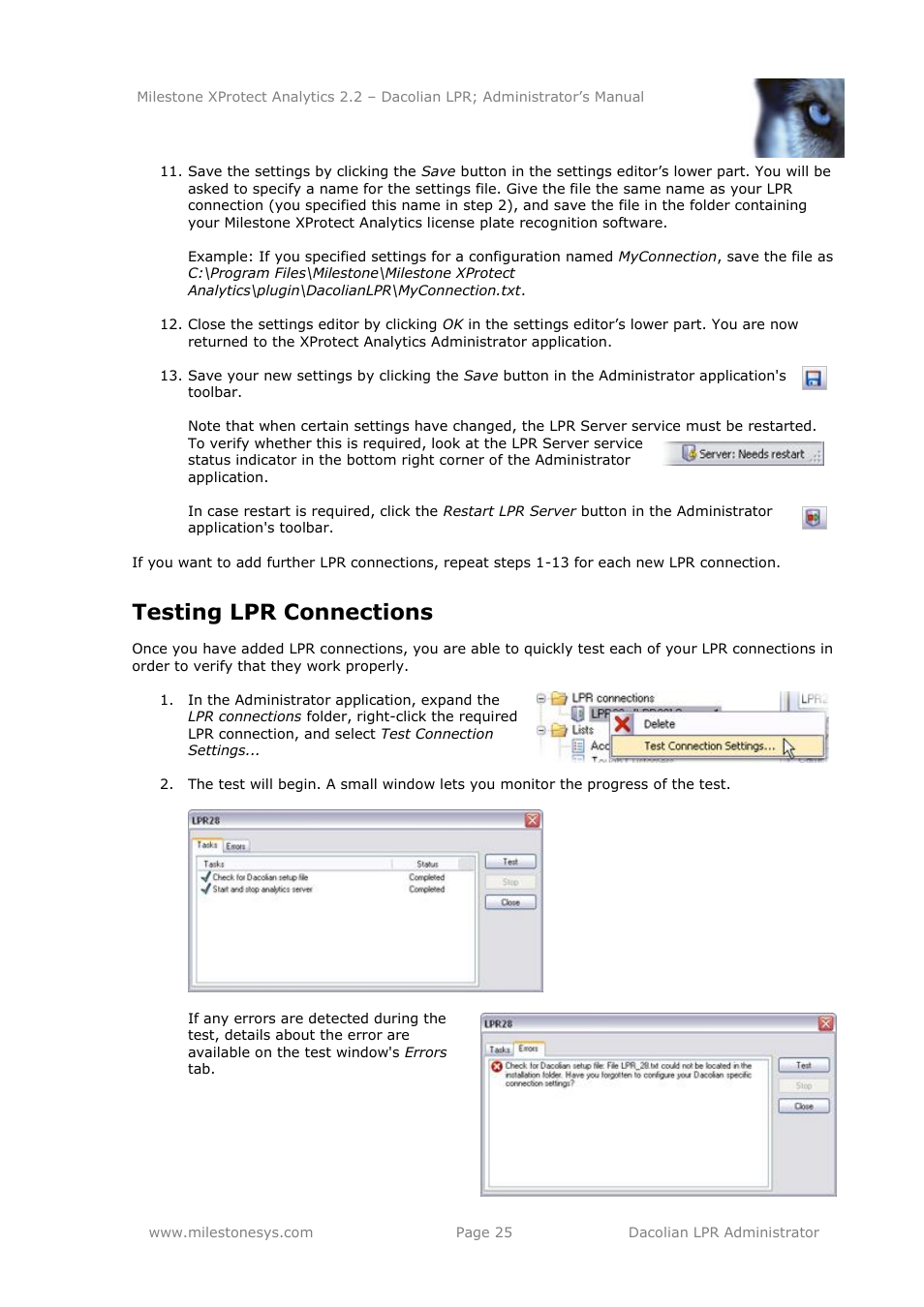 Testing lpr connections | Milestone Analytics 2.2 Dacolian LPR User Manual | Page 25 / 49