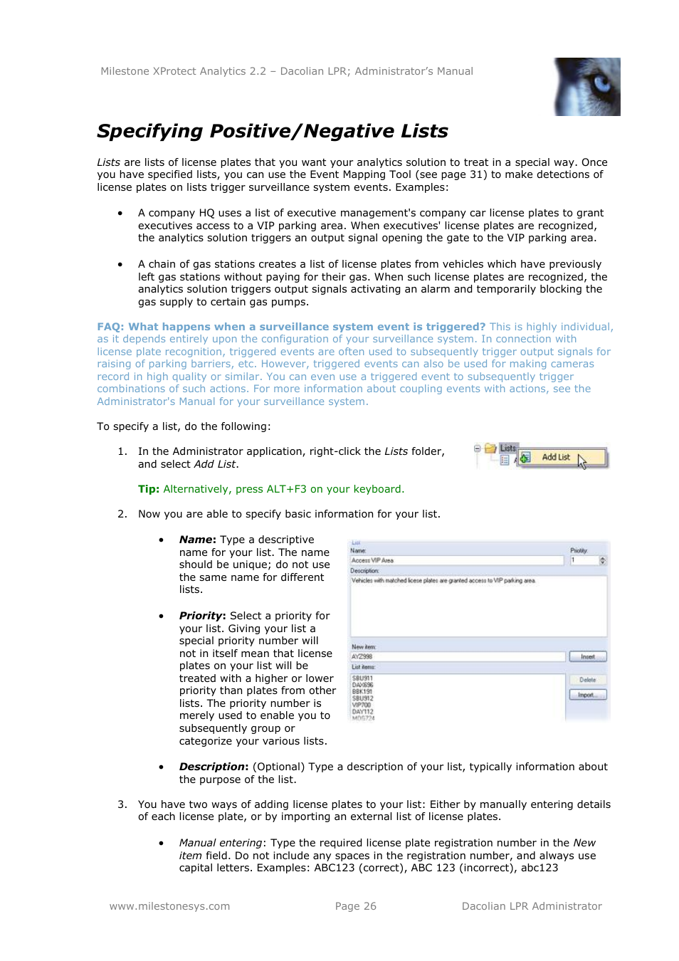 Specifying positive/negative lists | Milestone Analytics 2.2 Dacolian LPR User Manual | Page 26 / 49
