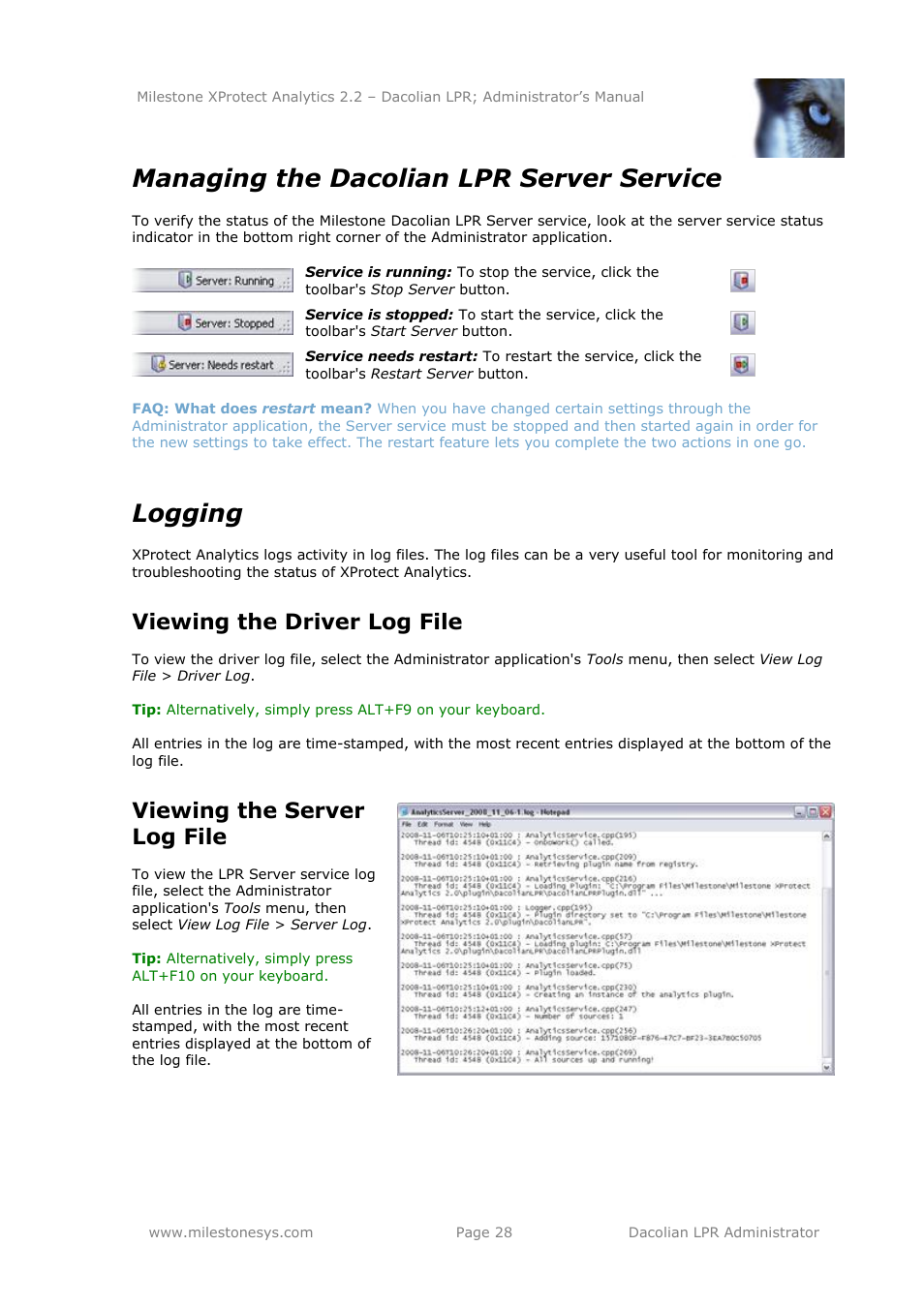 Managing the dacolian lpr server service, Logging, Viewing the driver log file | Viewing the server log file | Milestone Analytics 2.2 Dacolian LPR User Manual | Page 28 / 49