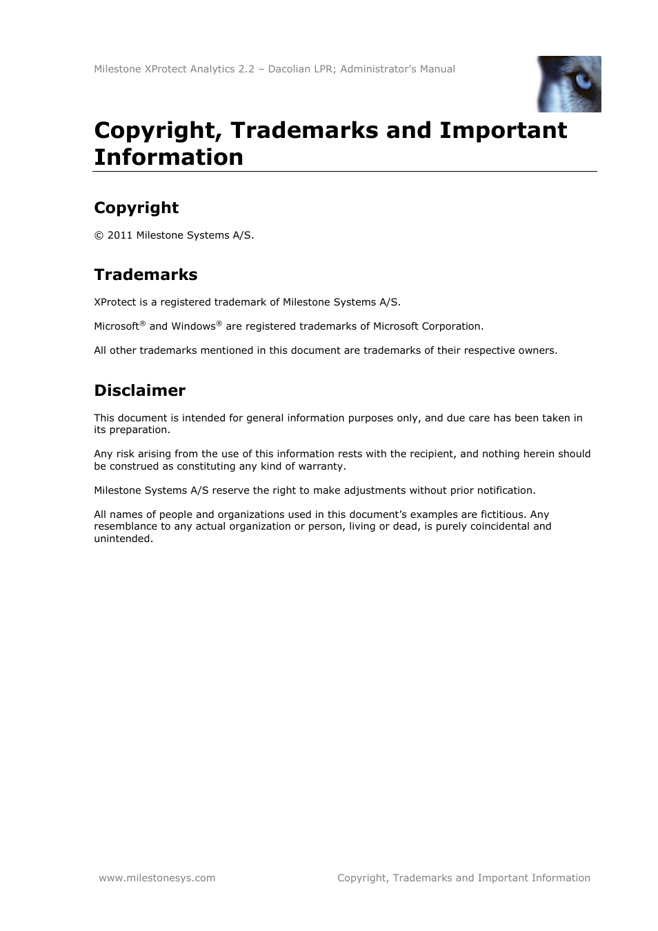 Copyright, trademarks and important information, Copyright, Trademarks | Disclaimer | Milestone Analytics 2.2 Dacolian LPR User Manual | Page 3 / 49