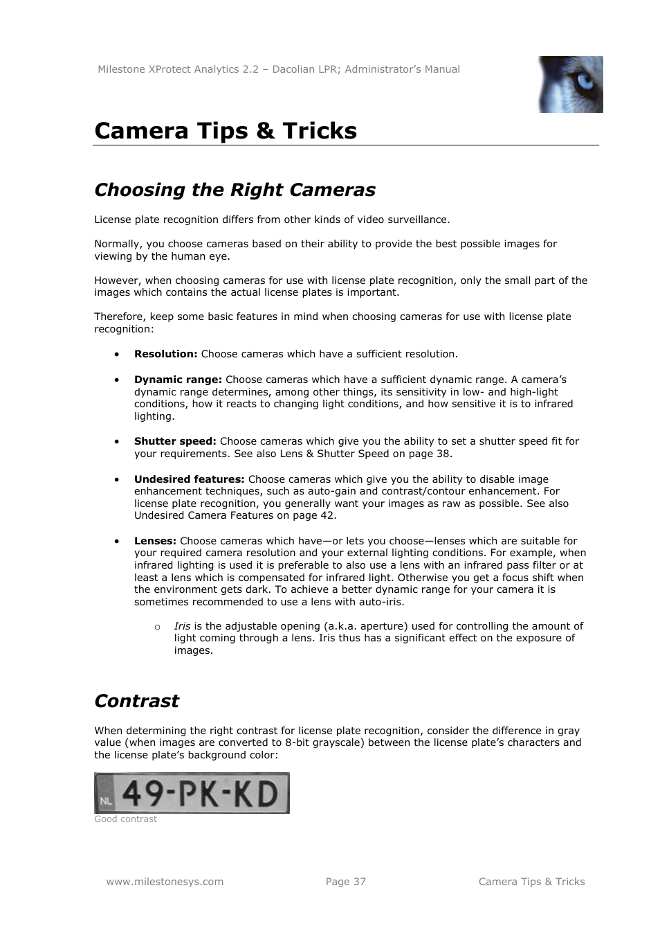 Camera tips & tricks, Choosing the right cameras, Contrast | Milestone Analytics 2.2 Dacolian LPR User Manual | Page 37 / 49