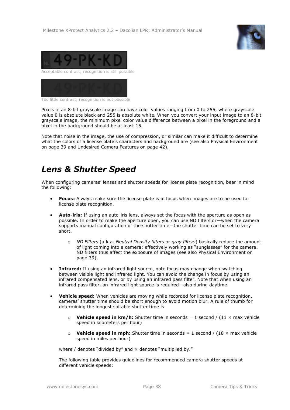 Lens & shutter speed | Milestone Analytics 2.2 Dacolian LPR User Manual | Page 38 / 49