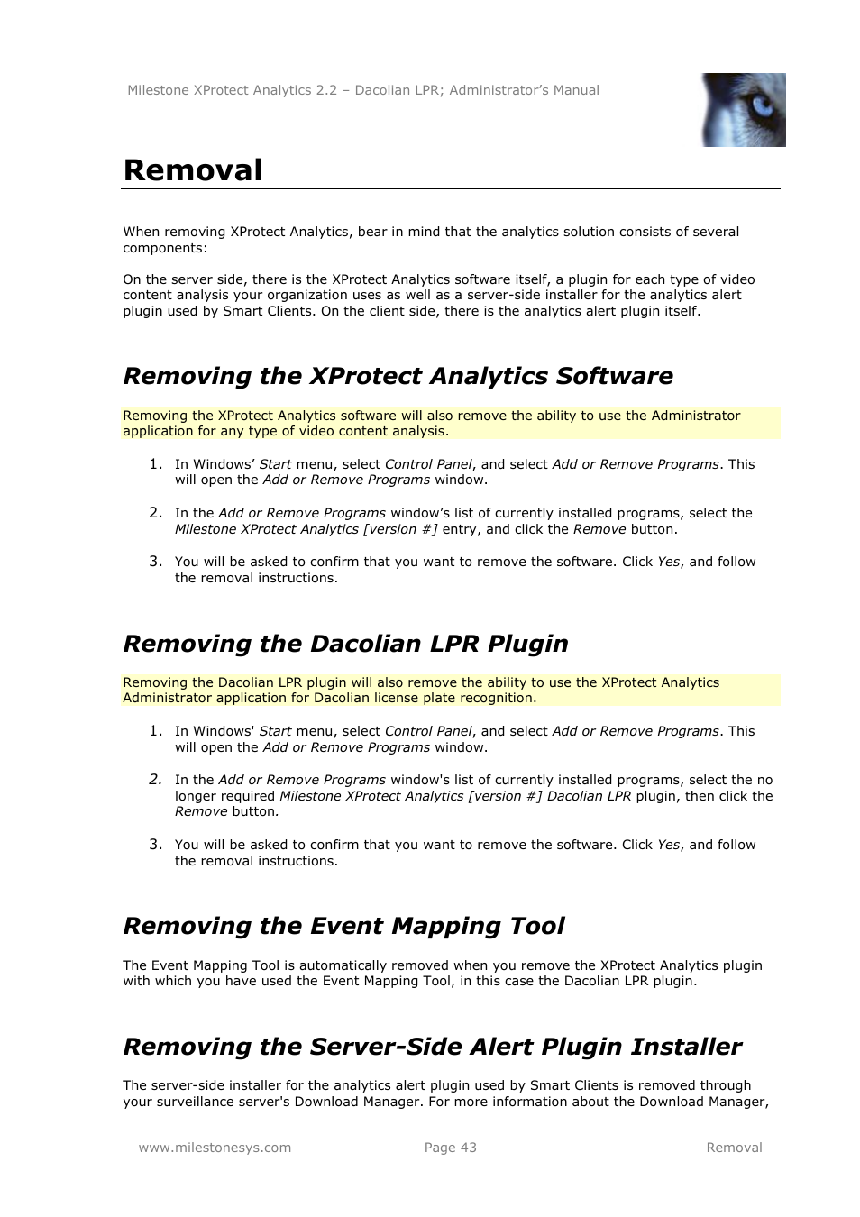 Removal, Removing the xprotect analytics software, Removing the dacolian lpr plugin | Removing the event mapping tool, Removing the server-side alert plugin installer | Milestone Analytics 2.2 Dacolian LPR User Manual | Page 43 / 49