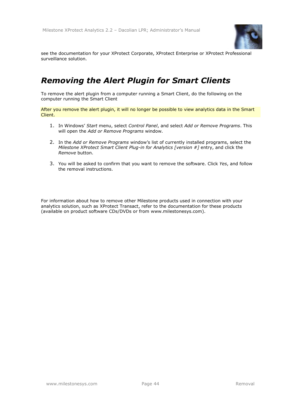 Removing the alert plugin for smart clients | Milestone Analytics 2.2 Dacolian LPR User Manual | Page 44 / 49