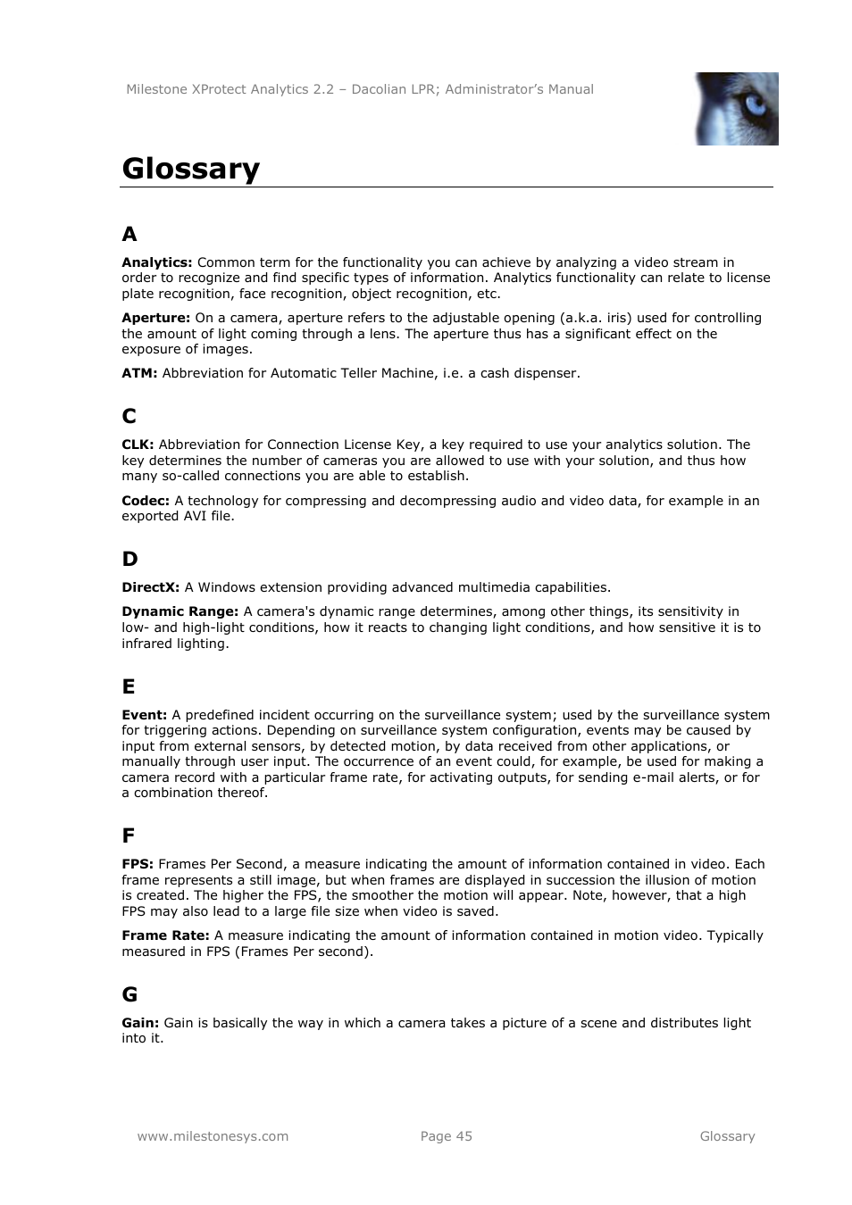 Glossary | Milestone Analytics 2.2 Dacolian LPR User Manual | Page 45 / 49