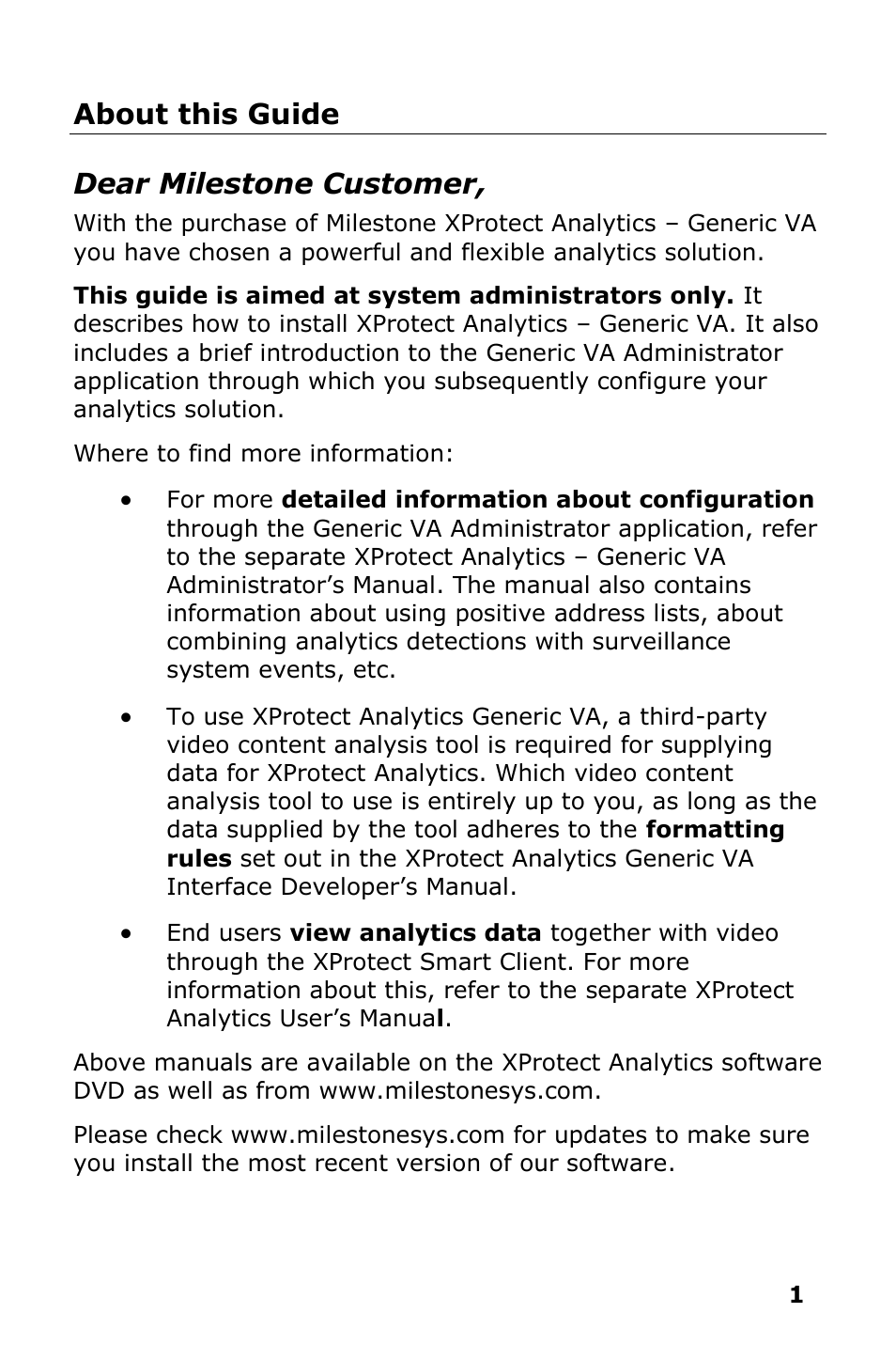 About this guide, Dear milestone customer, About this guide dear milestone customer | Milestone Analytics 2.2 Generic VA User Manual | Page 2 / 20