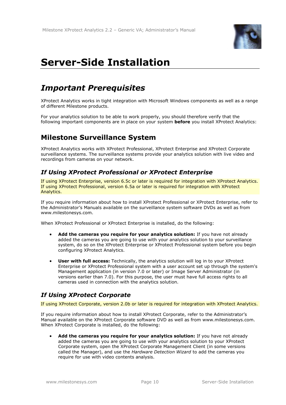 Server-side installation, Important prerequisites, Milestone surveillance system | If using xprotect corporate | Milestone Analytics 2.2 Generic VA User Manual | Page 10 / 38