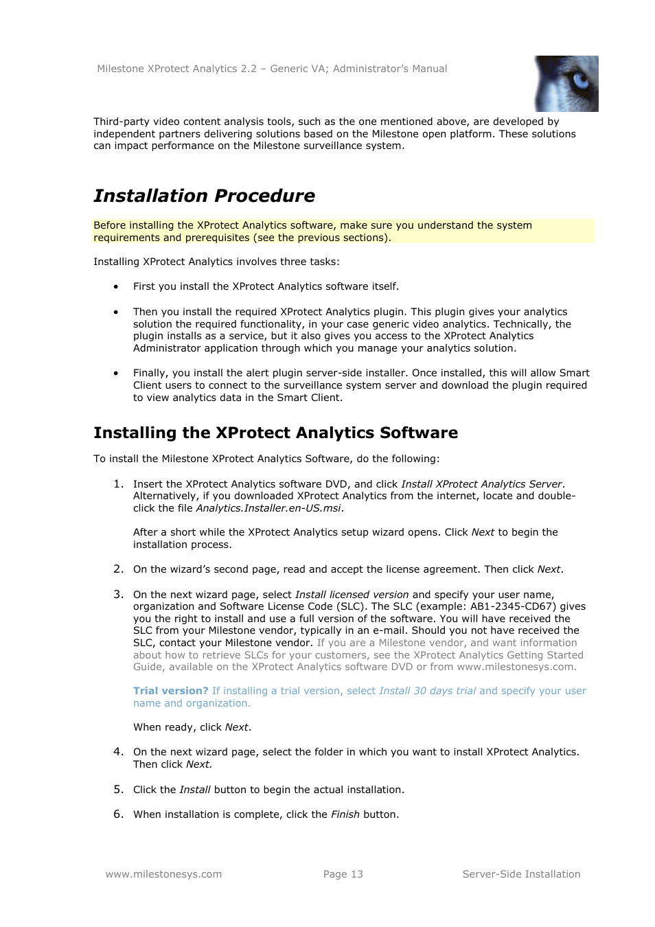 Installation procedure, Installing the xprotect analytics software | Milestone Analytics 2.2 Generic VA User Manual | Page 13 / 38