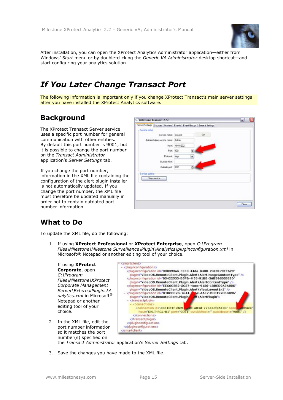 If you later change transact port, Background, What to do | Milestone Analytics 2.2 Generic VA User Manual | Page 15 / 38