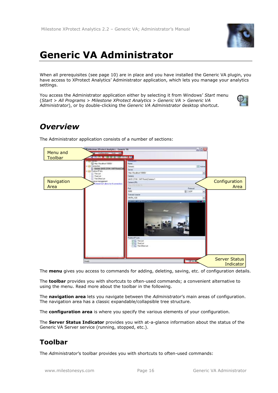 Generic va administrator, Overview, Toolbar | Milestone Analytics 2.2 Generic VA User Manual | Page 16 / 38