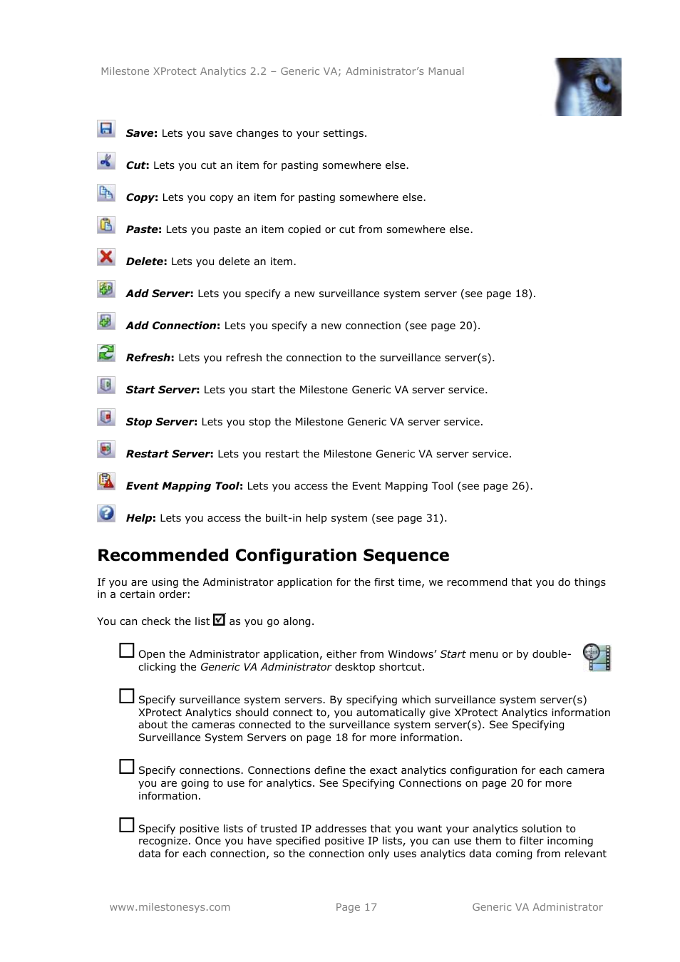 Recommended configuration sequence | Milestone Analytics 2.2 Generic VA User Manual | Page 17 / 38