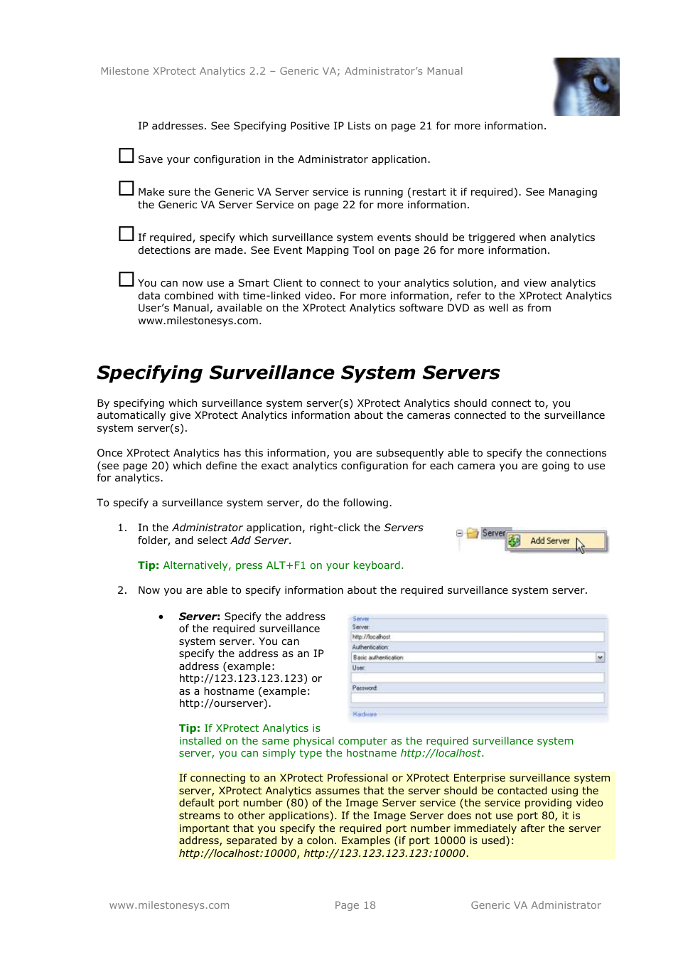 Specifying surveillance system servers | Milestone Analytics 2.2 Generic VA User Manual | Page 18 / 38