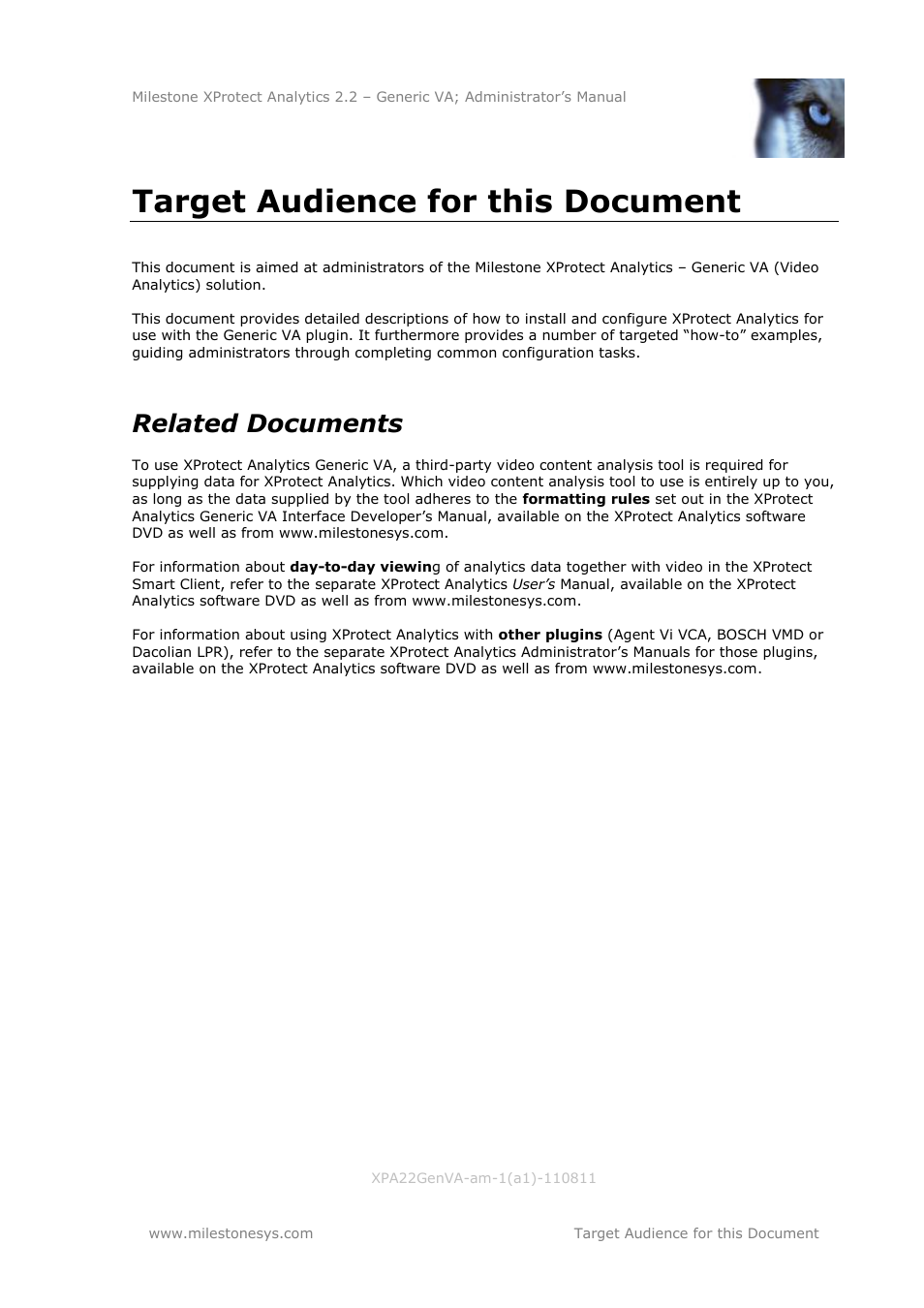 Target audience for this document, Related documents | Milestone Analytics 2.2 Generic VA User Manual | Page 2 / 38
