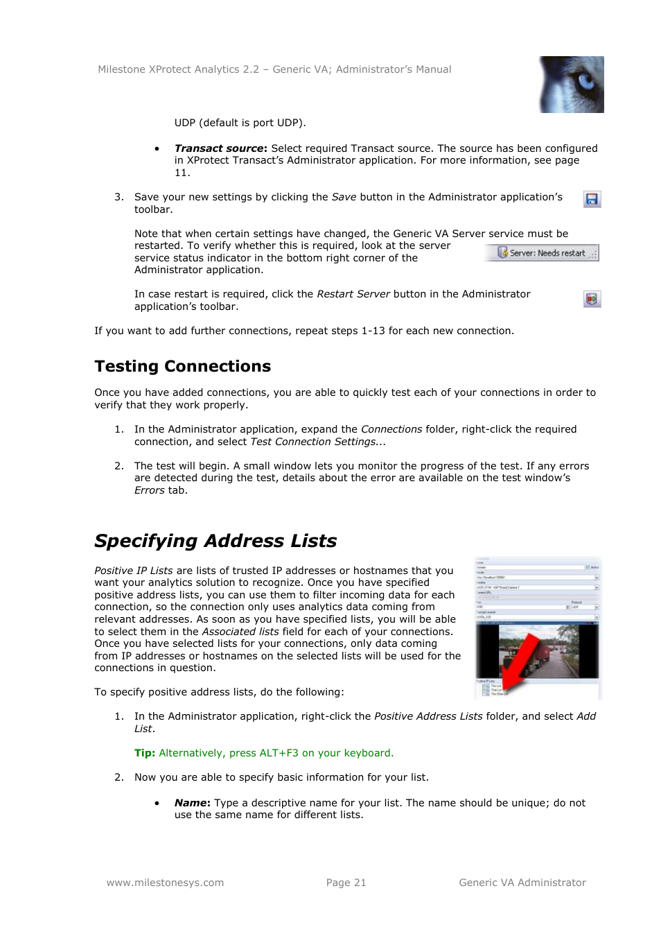 Testing connections, Specifying address lists | Milestone Analytics 2.2 Generic VA User Manual | Page 21 / 38