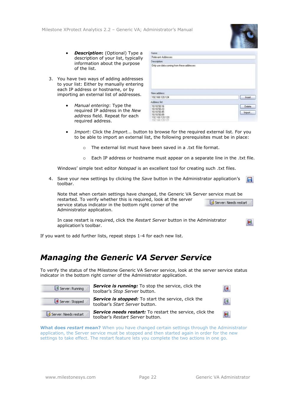 Managing the generic va server service | Milestone Analytics 2.2 Generic VA User Manual | Page 22 / 38