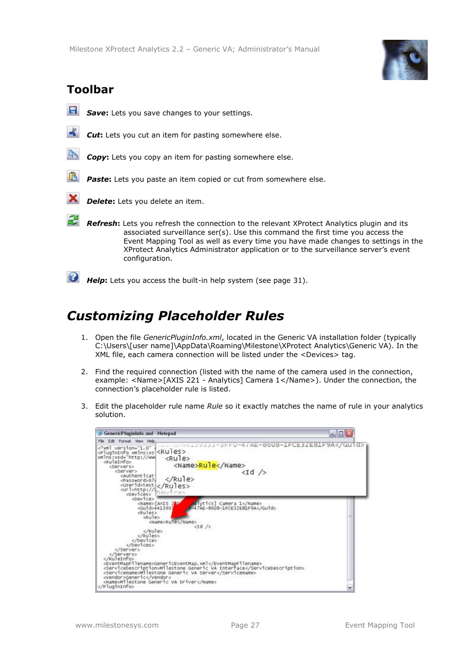 Toolbar, Customizing placeholder rules | Milestone Analytics 2.2 Generic VA User Manual | Page 27 / 38