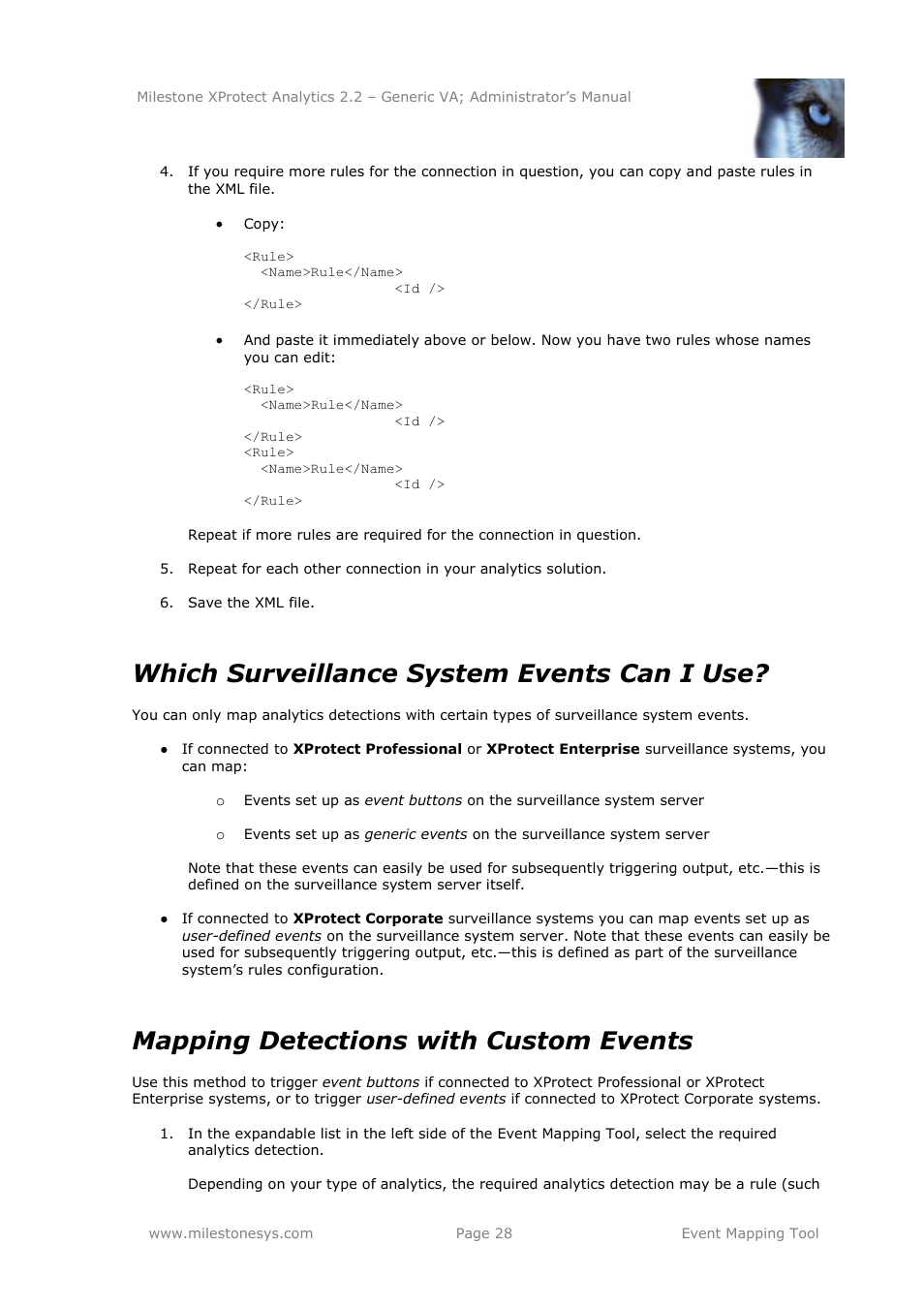Which surveillance system events can i use, Mapping detections with custom events | Milestone Analytics 2.2 Generic VA User Manual | Page 28 / 38