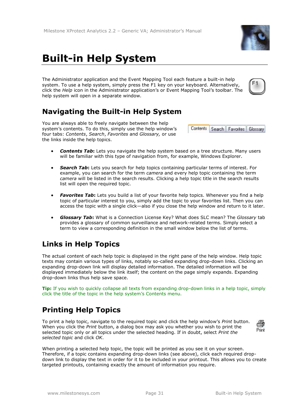Built-in help system, Navigating the built-in help system, Links in help topics | Printing help topics | Milestone Analytics 2.2 Generic VA User Manual | Page 31 / 38