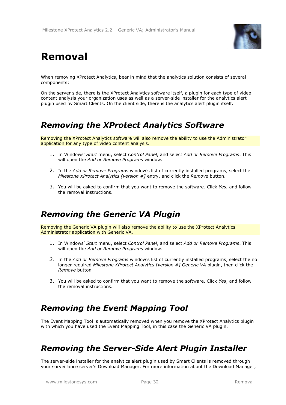 Removal, Removing the xprotect analytics software, Removing the generic va plugin | Removing the event mapping tool, Removing the server-side alert plugin installer | Milestone Analytics 2.2 Generic VA User Manual | Page 32 / 38