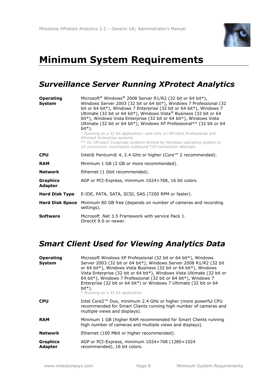 Minimum system requirements, Surveillance server running xprotect analytics, Smart client used for viewing analytics data | Milestone Analytics 2.2 Generic VA User Manual | Page 8 / 38