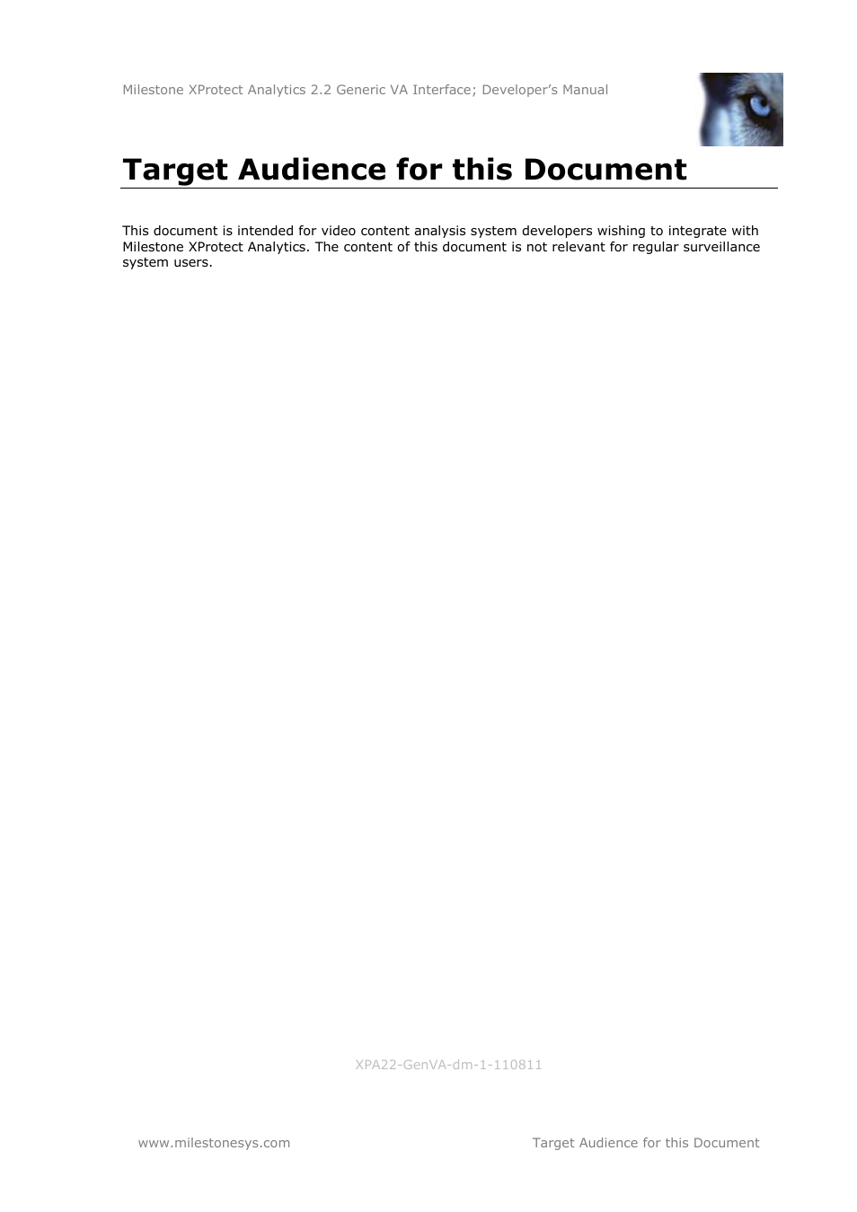 Target audience for this document | Milestone Analytics 2.2 Generic VA Interface User Manual | Page 2 / 16