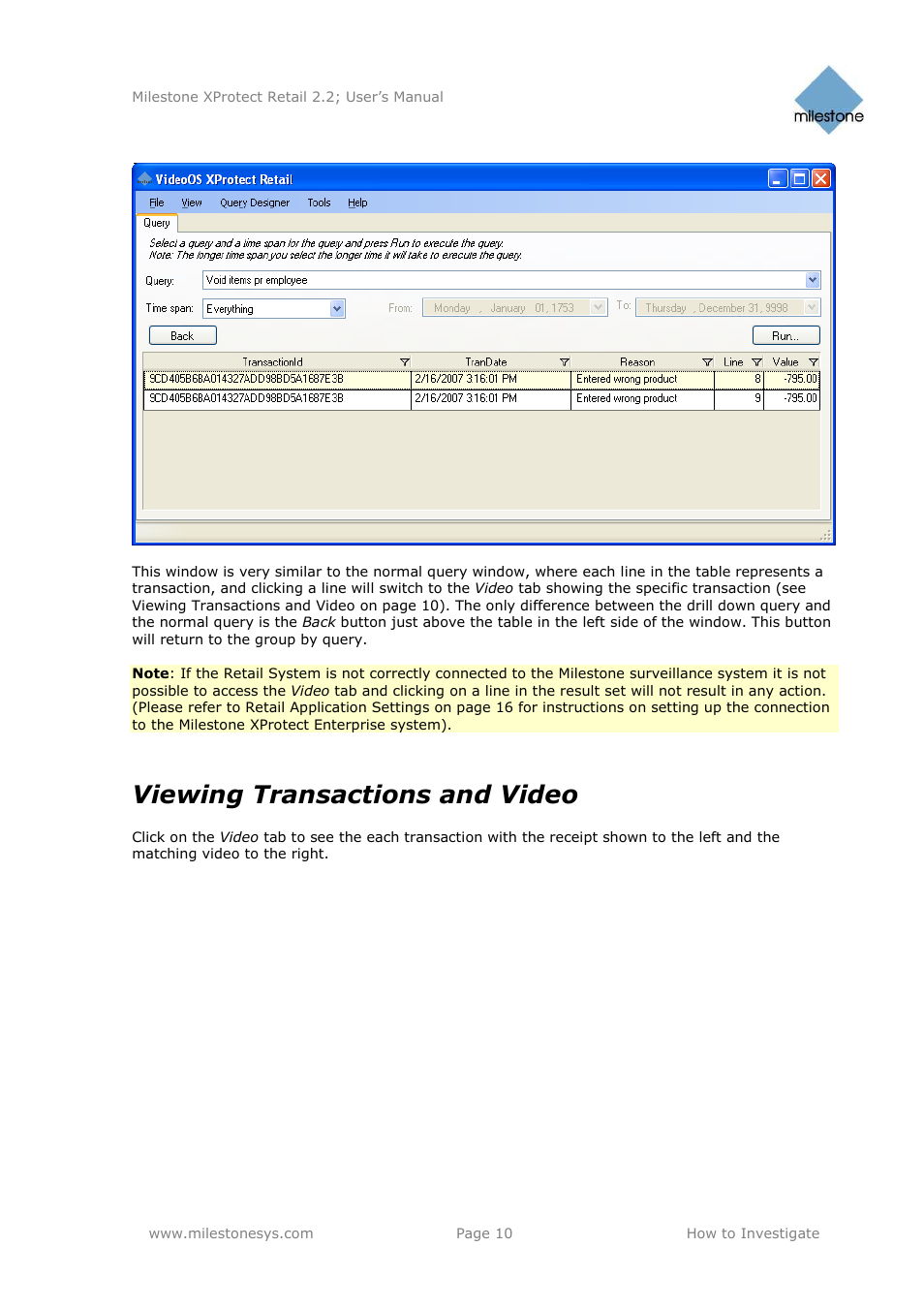 Viewing transactions and video | Milestone Retail 2.2 User Manual | Page 10 / 18